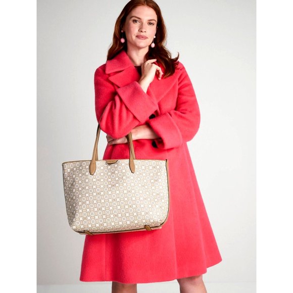 New Kate Spade Flower Monogram Coated Canvas Tote Natural Multi with Pouch - Picture 2 of 4